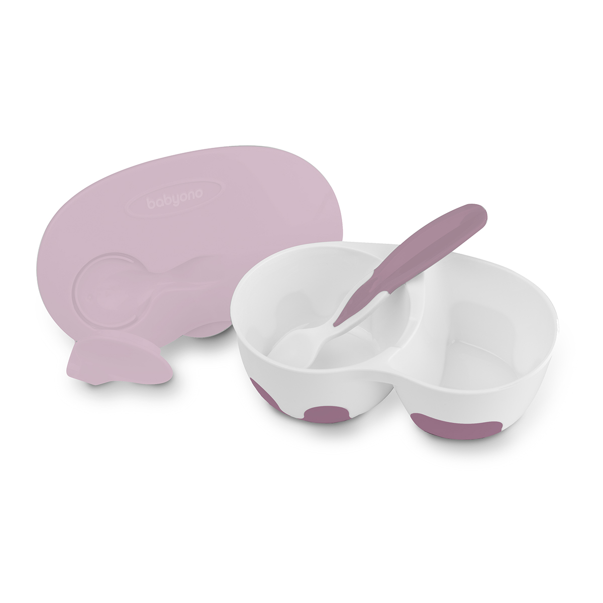Babyono Two-Chamber Bowl With Spoon Μπολάκι με Δύο Θήκες & Θήκη για Κουταλάκι Ροζ 6m